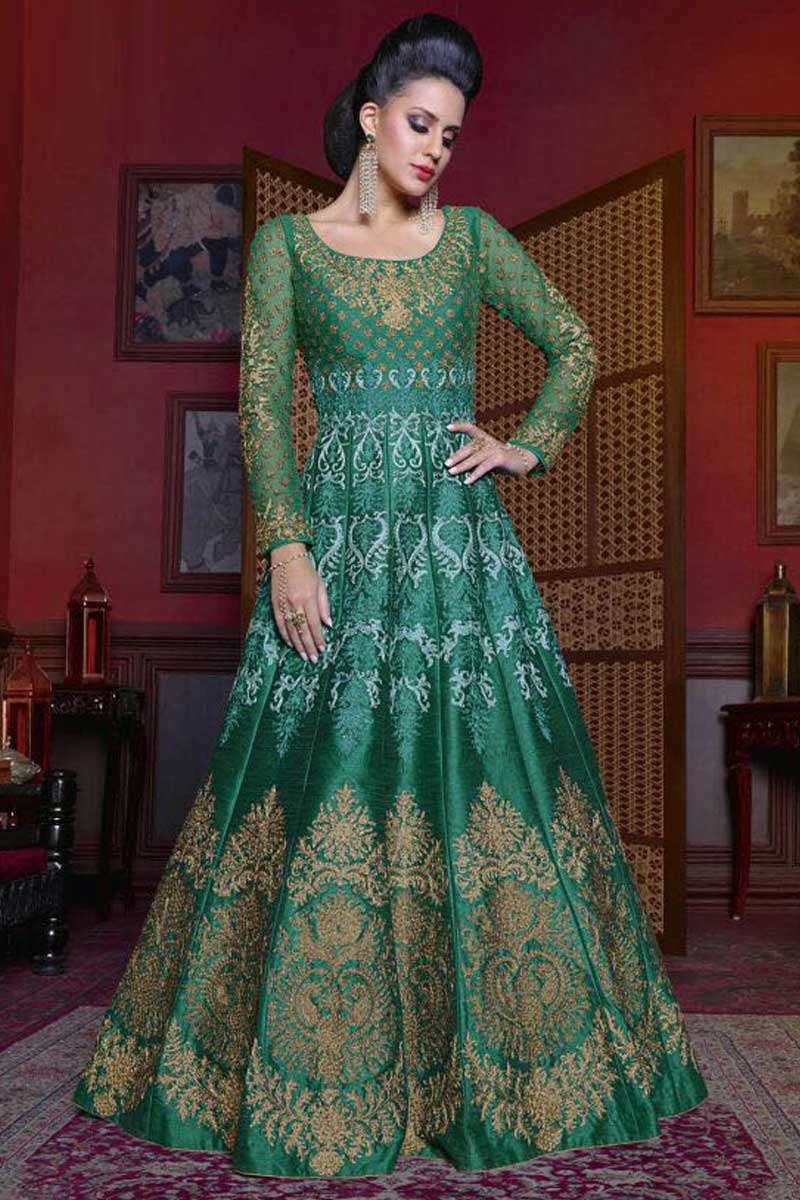 Shop Silk Gown Dress In Dark Green Color Online - Dmv15152