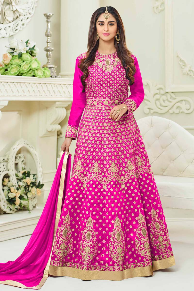 Rupali Rani Pink Long Taffeta Silk Anarkali Churidar Suit With