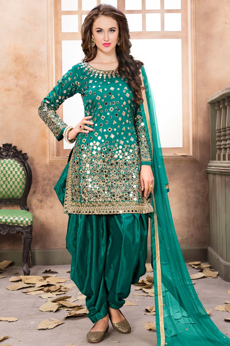 Buy Rama Green Taffeta Silk Patiala Suit With Dupatta Online