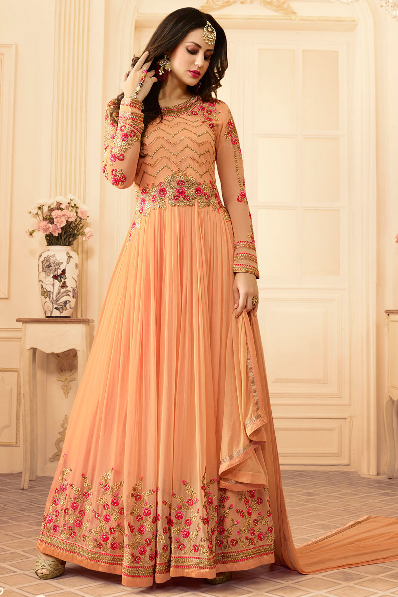 Buy Stylish Peach Georgette Anarkali Churidar Suit With Dupatta Online DMV15391 Andaaz Fashion