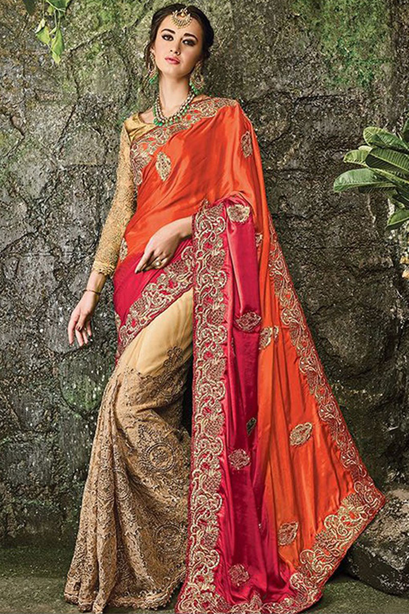 Wedding boutique, Orange and beige net asian sari, u neck