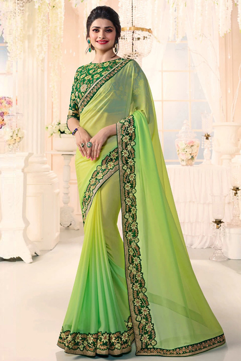 Bollywood prachi desai green Chiffon Saree With Banglori silk Blouse