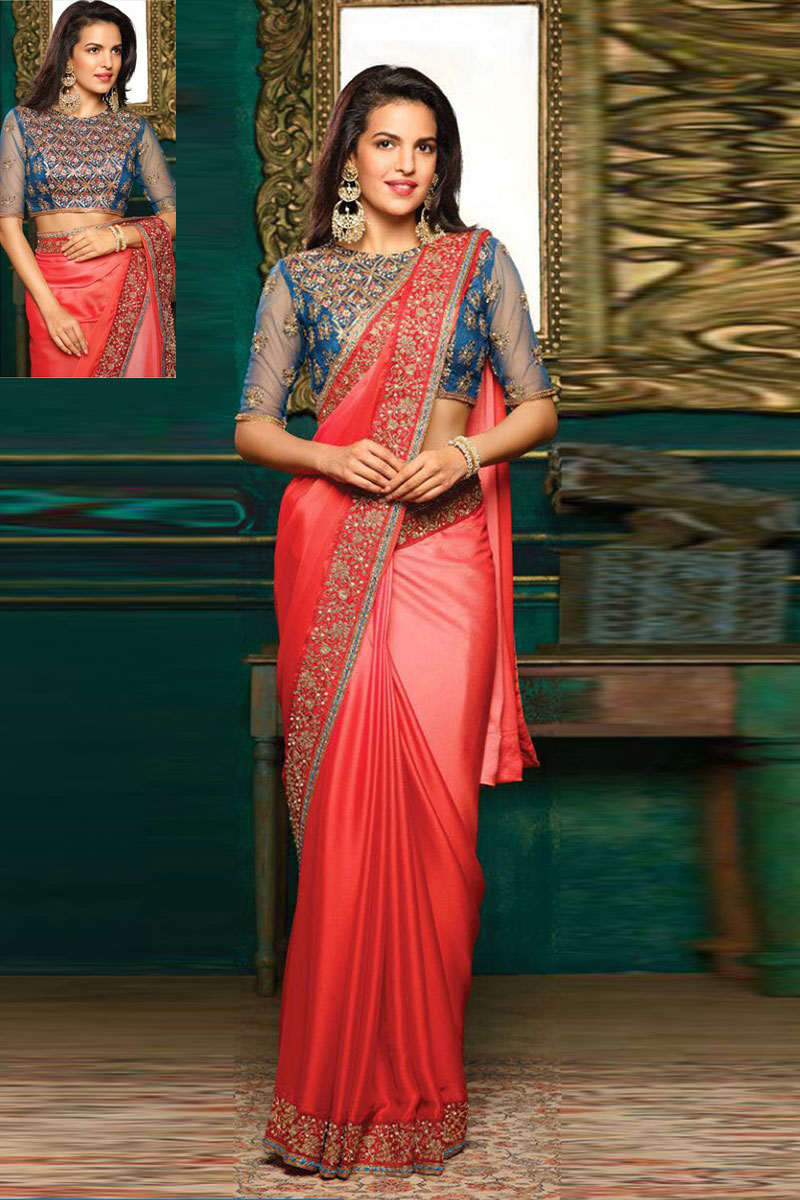 Indian wedding saree online, Red chiffon asian sarees, round neck