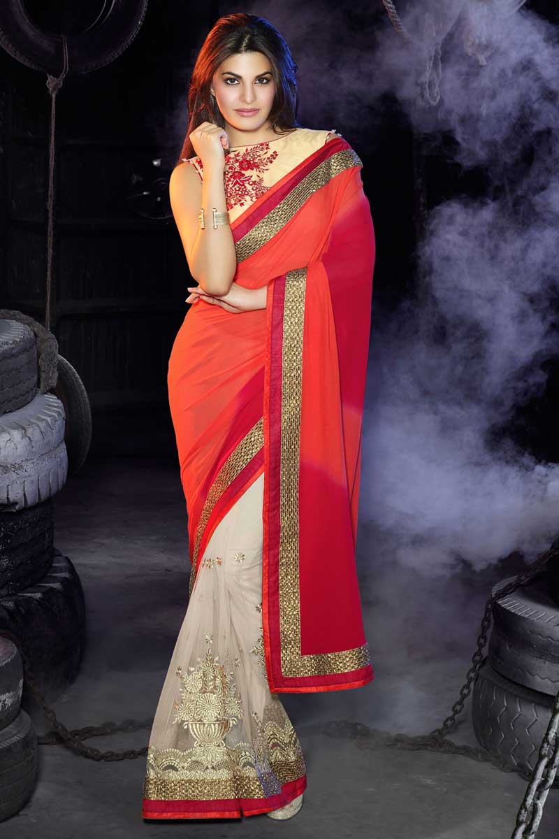 Jacqueline Fernandez Orange Georgette Net Saree