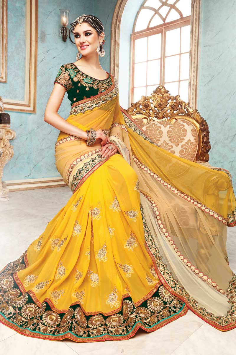 Yellow Georgette And Net Saree With Velvet Blouse