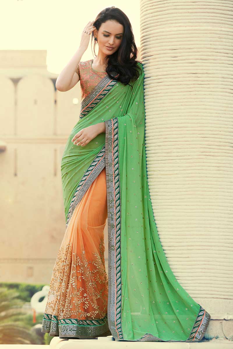 Green Orange Georgette Saree With Art Silk Blouse, image size:800x1200