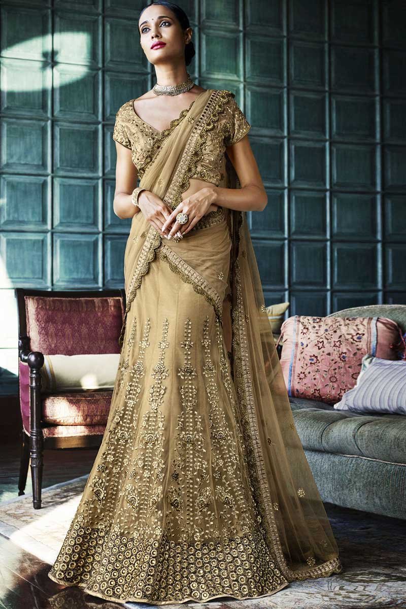 Stylish Cream Net Lehenga Choli With Dupatta Online DMV8538