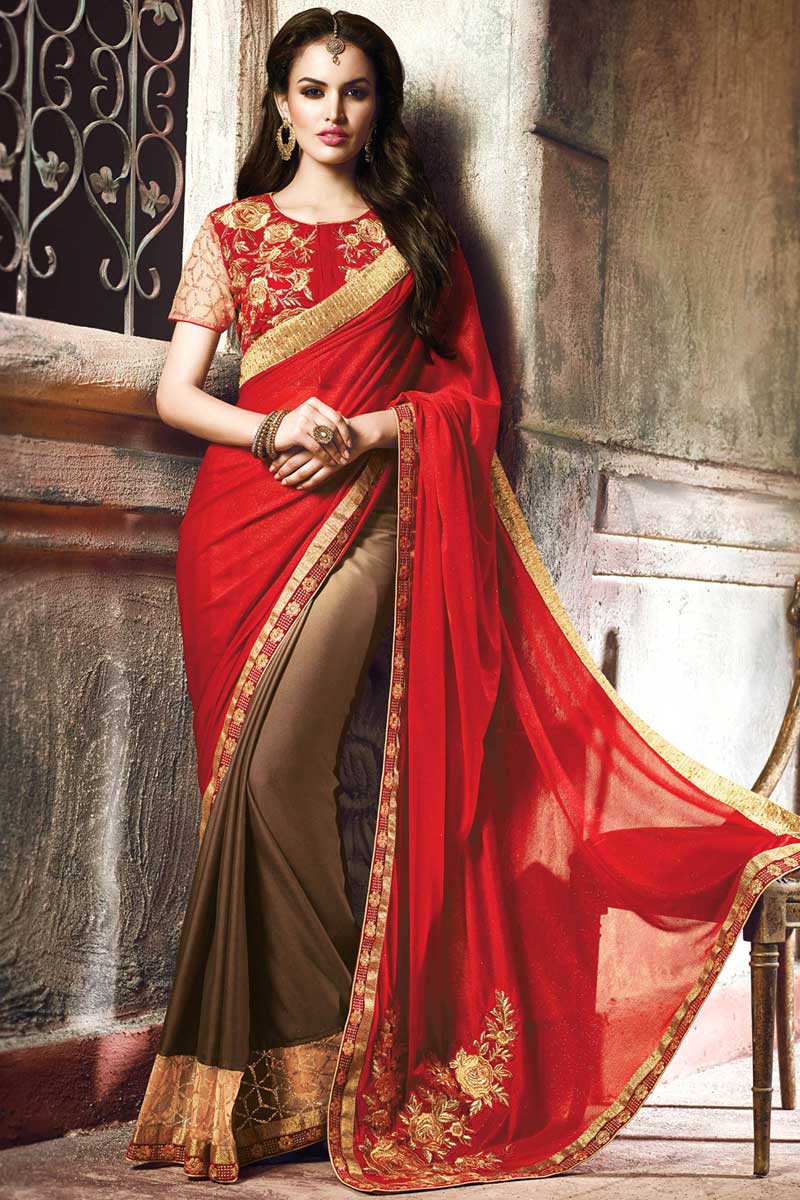 Lehenga style saree, Coffee art silk diwali sarees, Round neck blouse