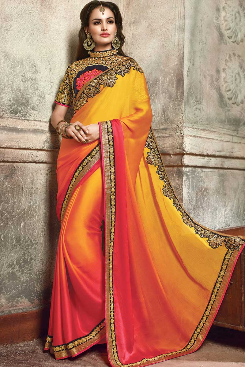 Rupali saree boutique, Mustard chiffon latest sarees, Chinese