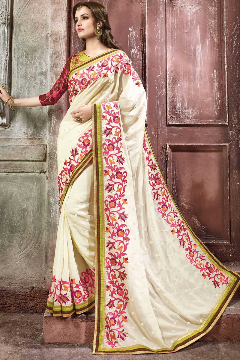 Stylish saree online, White georgette diwali sarees, Round neck blouse
