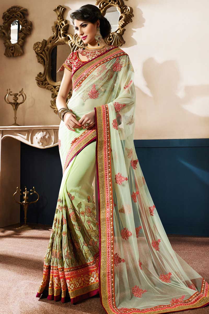 Best deals on saree, Green crepe diwali sarees, Round neck blouse, image size:800x1200