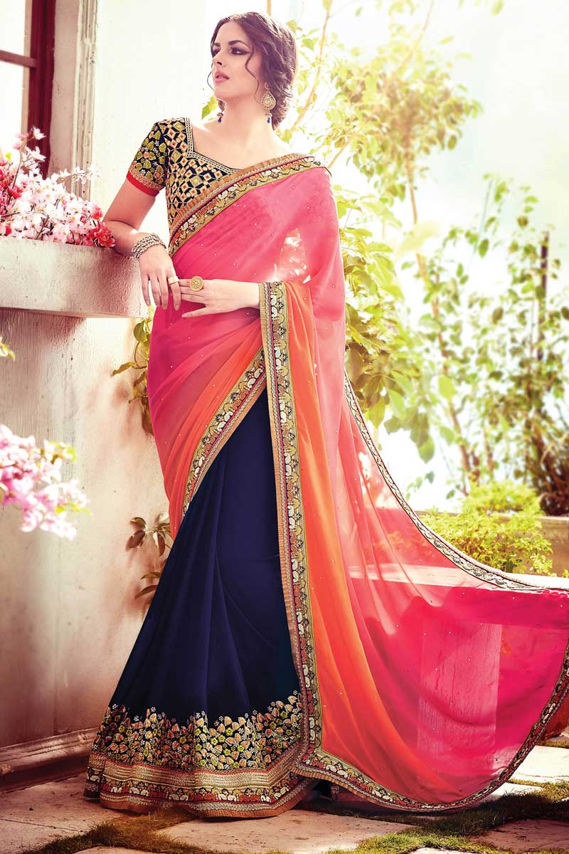 Multi Color Georgette Saree with Navy Blue Blouse, image size:800x1200