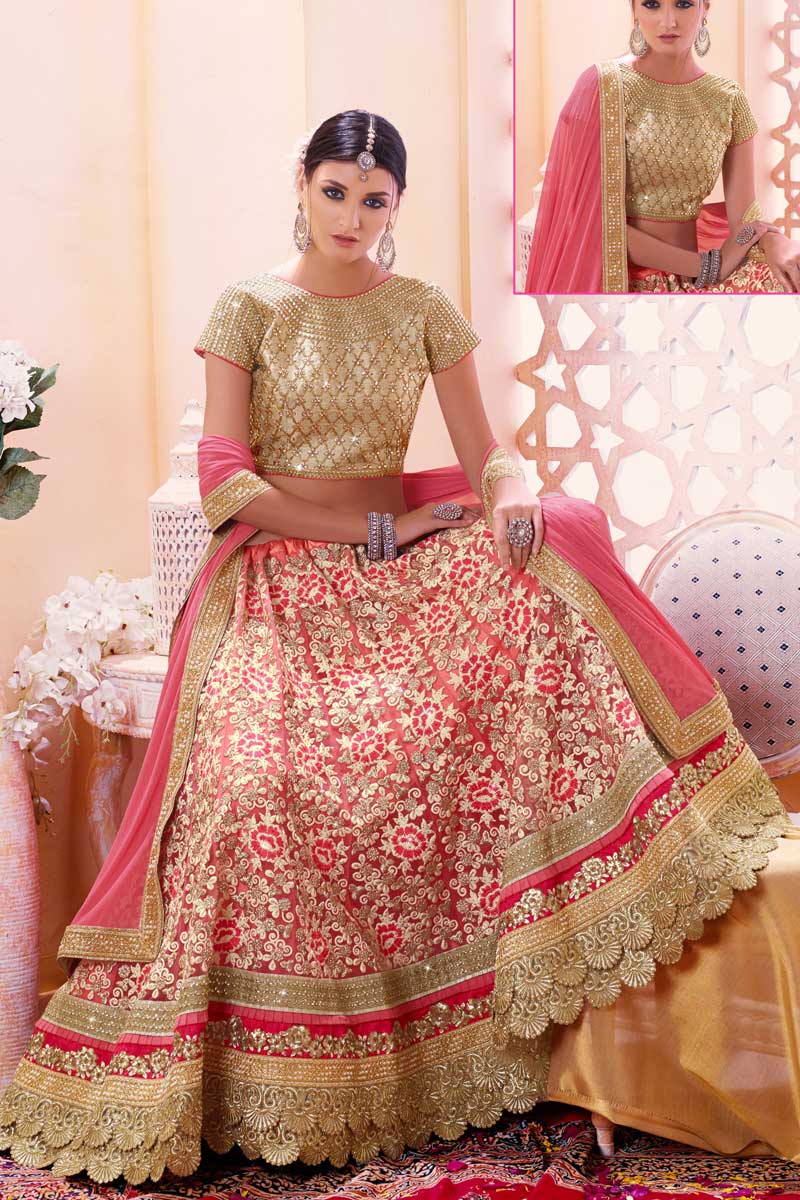 Peach with Cream Net Lehenga Choli - Lehenga Choli - Womens