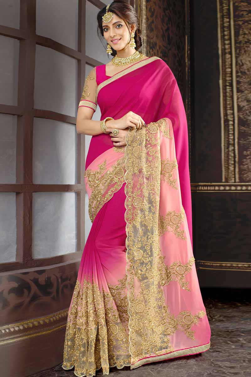 Saree wedding shop online, Rani Pink with Baby Pink georgette saree,