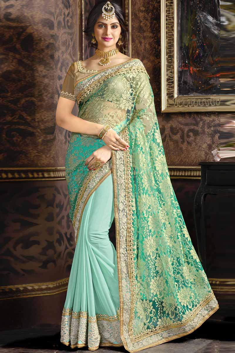 Designer indian saree,Sky Blue net sarees for diwali,