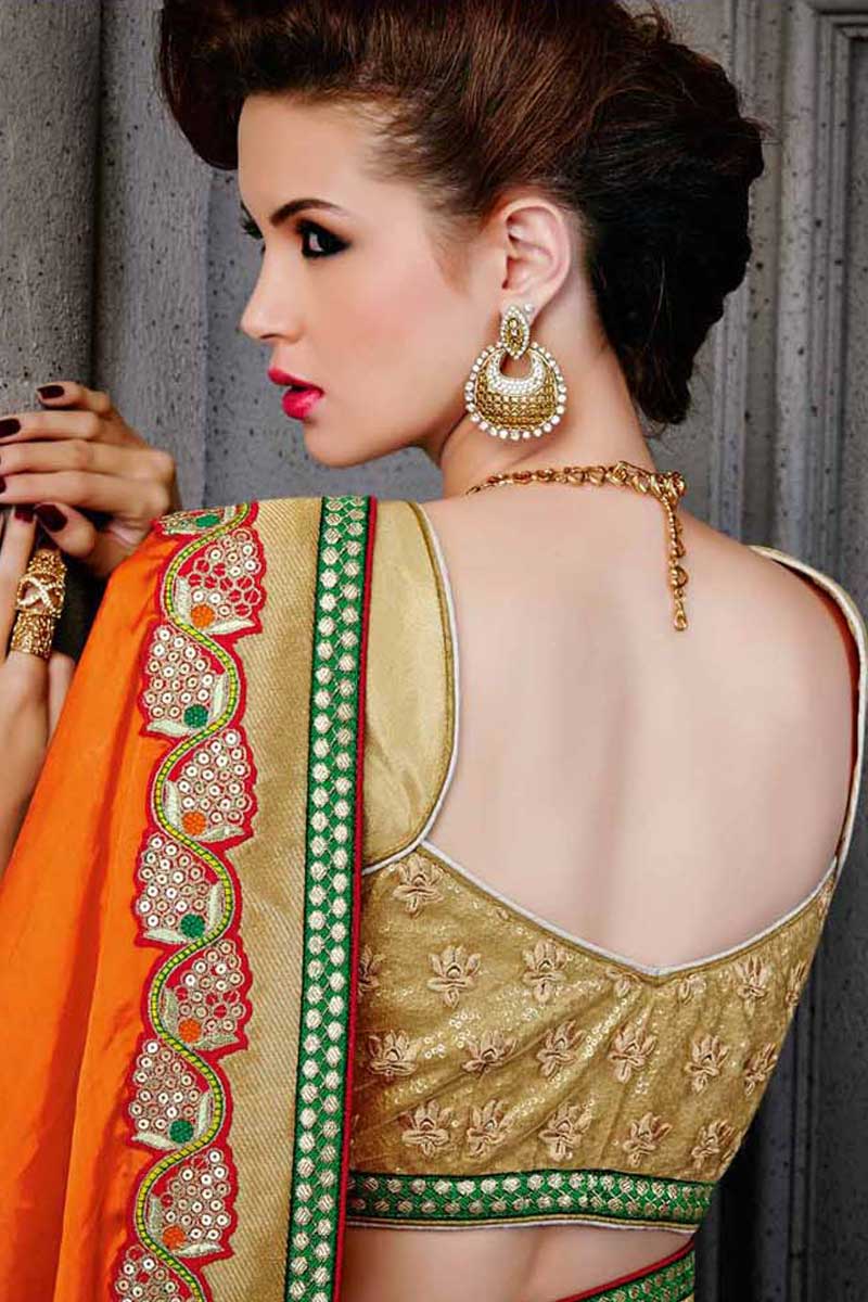 Orange pink and beige Satin and art silk Saree With Brocade Blouse