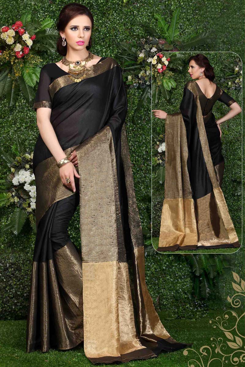 Rupali saree boutique, Black art silk indian sarees, u neck blouse