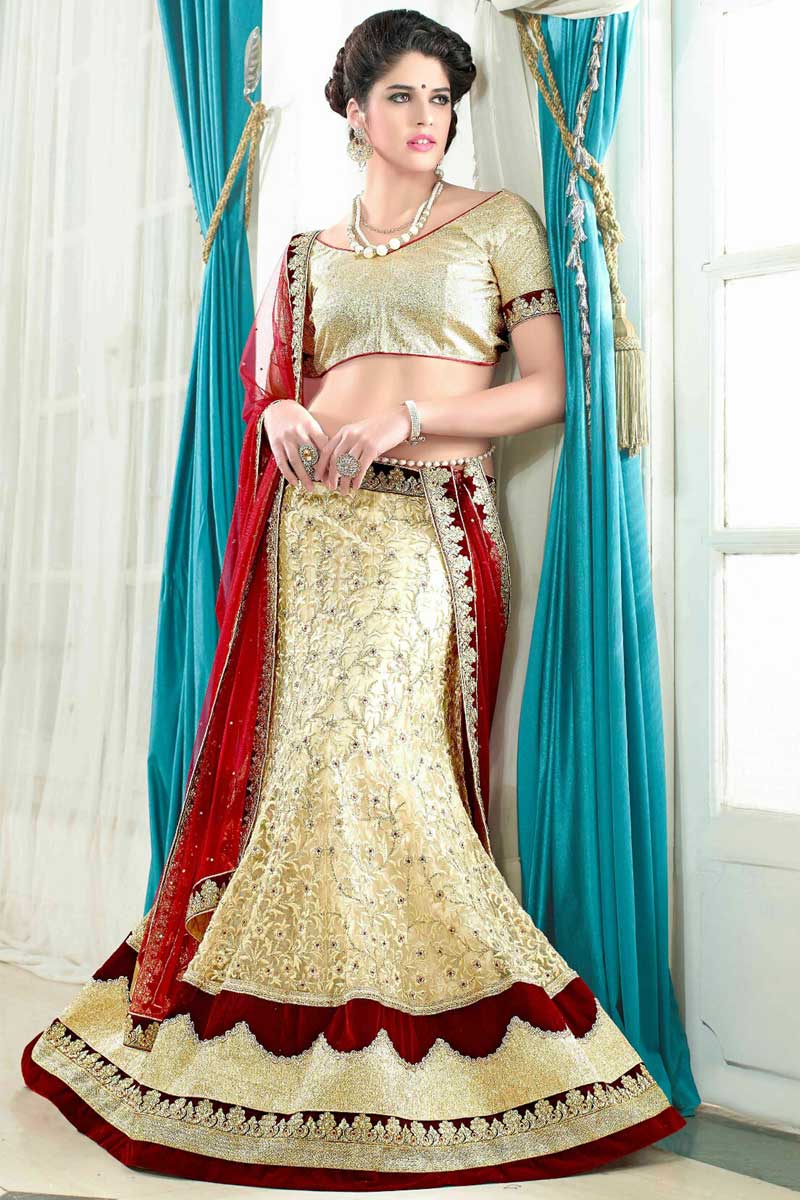 Cream and maroon Chiffon Lehenga with Brocade Choli