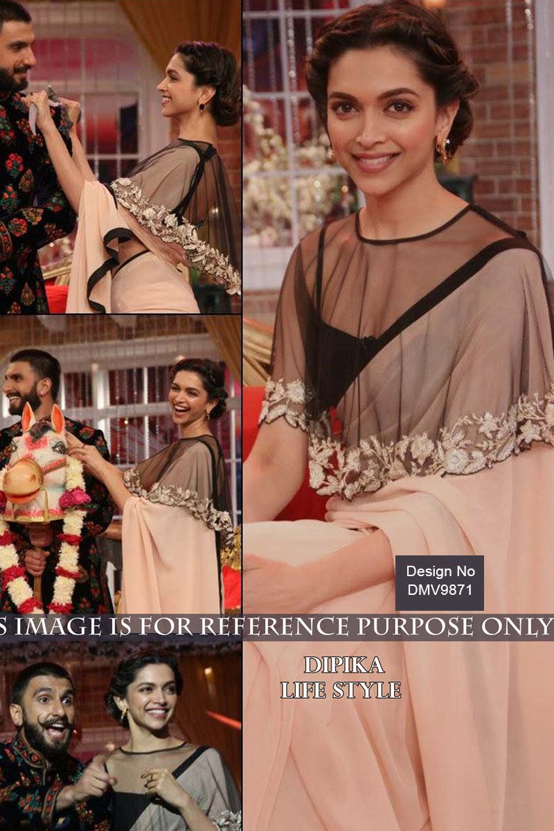 Elegant Deepika Padukone Peach Faux Georgette Festival Indian Sarees -  Dmv9871, image size:800x1200