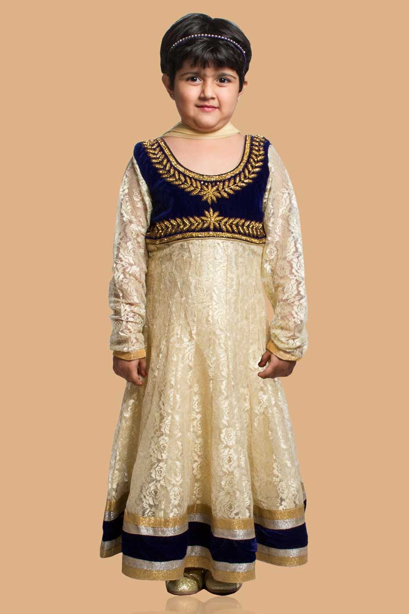 Beige Flower Net Anarkali Suit