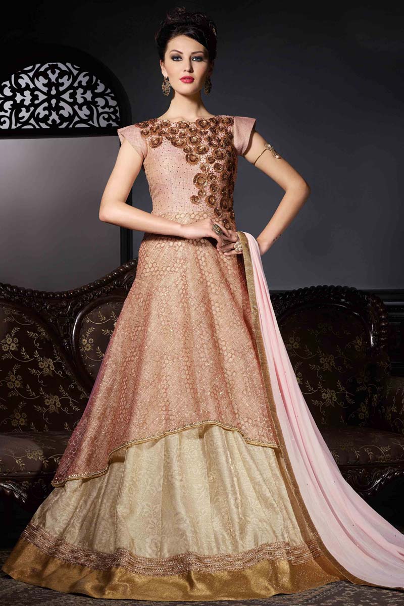 Beige Bhagalpuri Silk Net Gown with Chiffon Dupatta