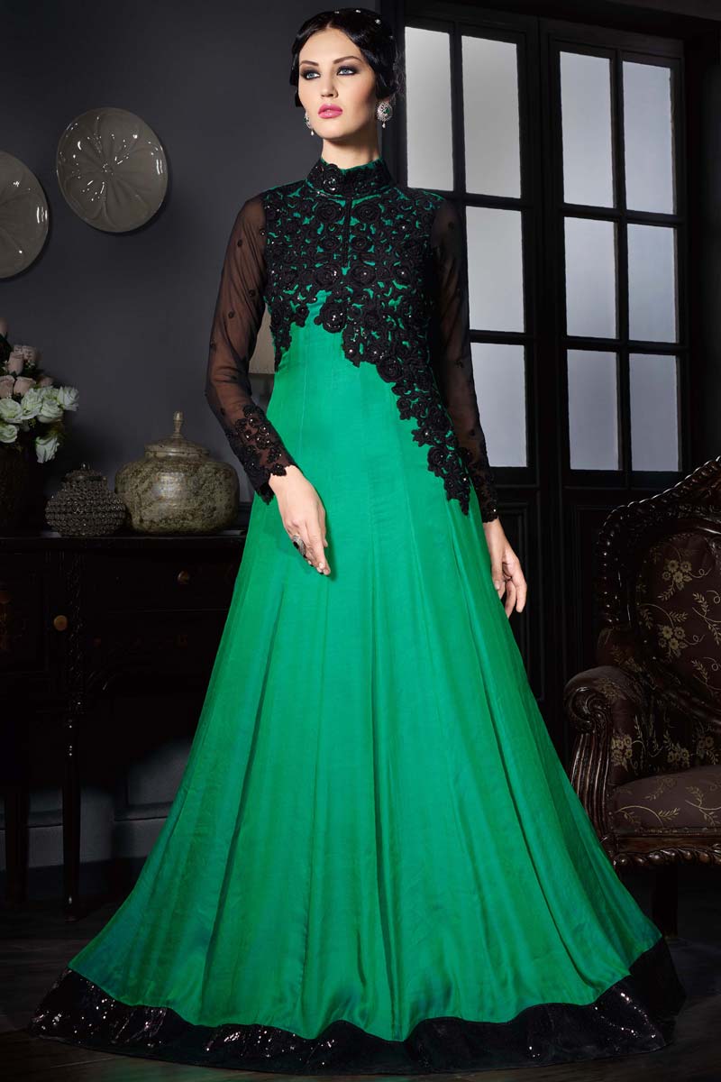 Green Satin Silk Georgette Gown with Chiffon Dupatta