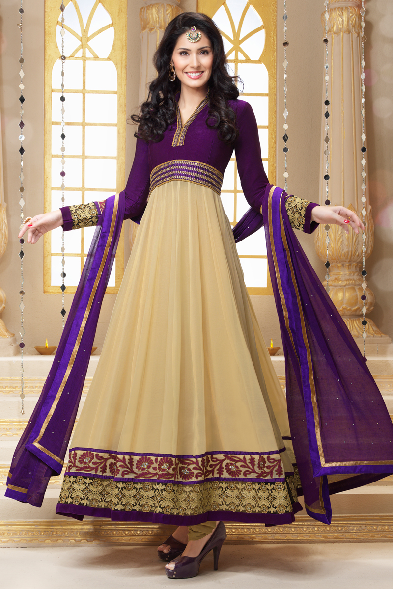 Beige and Purple Georgette Churidar Suit