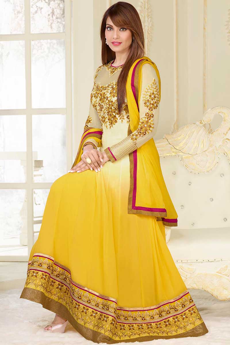 Yellow Georgette Churidar Suit, Floor Length Kameez Online - Andaaz Fashion