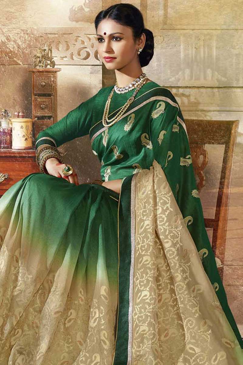 cream and green colour saree