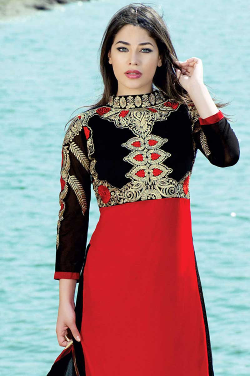 black churidar with red dupatta