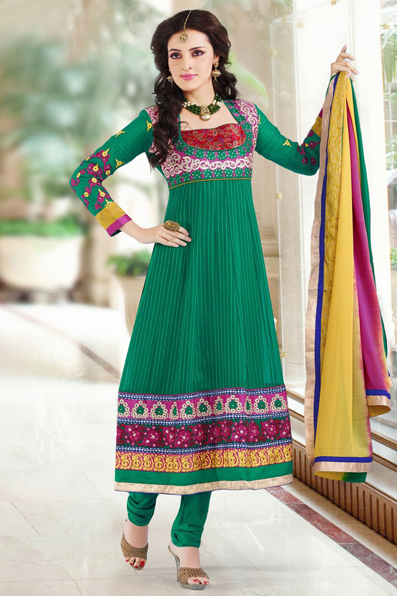 Green Georgette Anarkali Suit Churidar Suits Ankle Length Kameez Online in UK