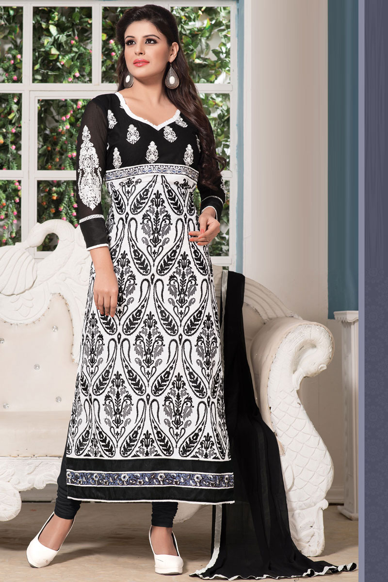 Designer White Cotton Churidar Suit, Quarter Sleeve Kameez, Knee Length ...