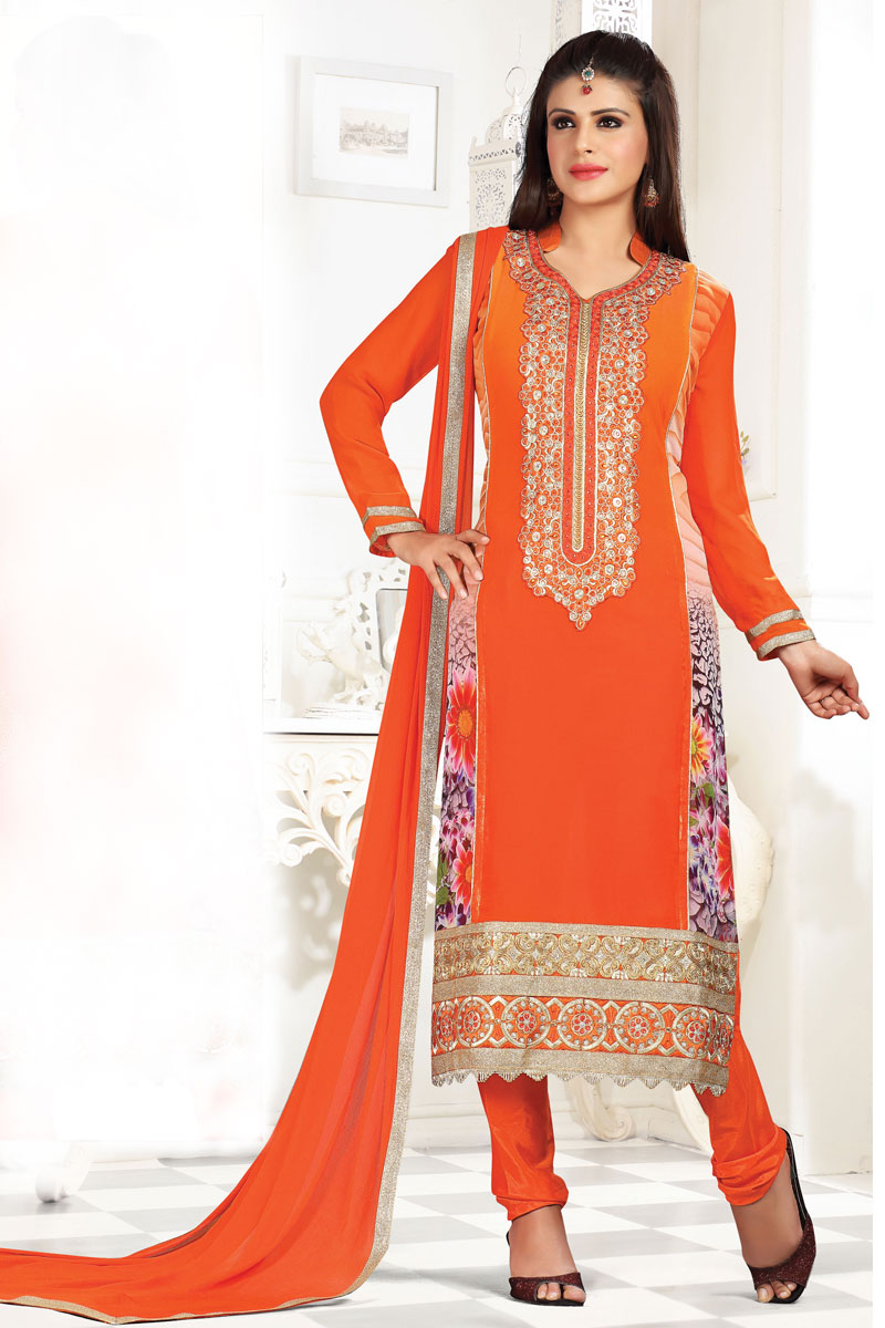 Black Orange Georgette Churidar Suit with Chiffon Dupatta, Full