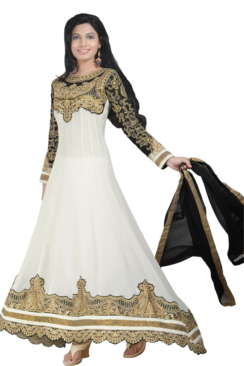 White Anarkali Churidar Suit and Black Dupatta