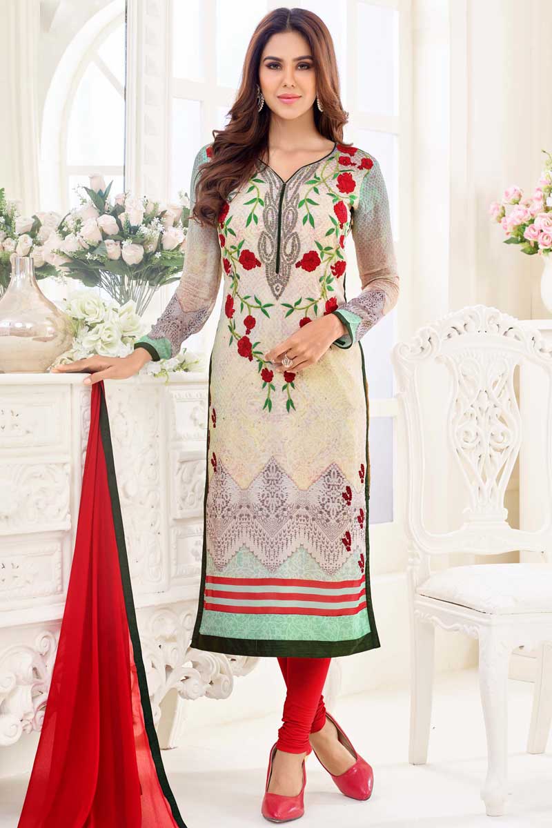 Order Cream Georgette Churidar Suit With Dupatta Online Dmv14343