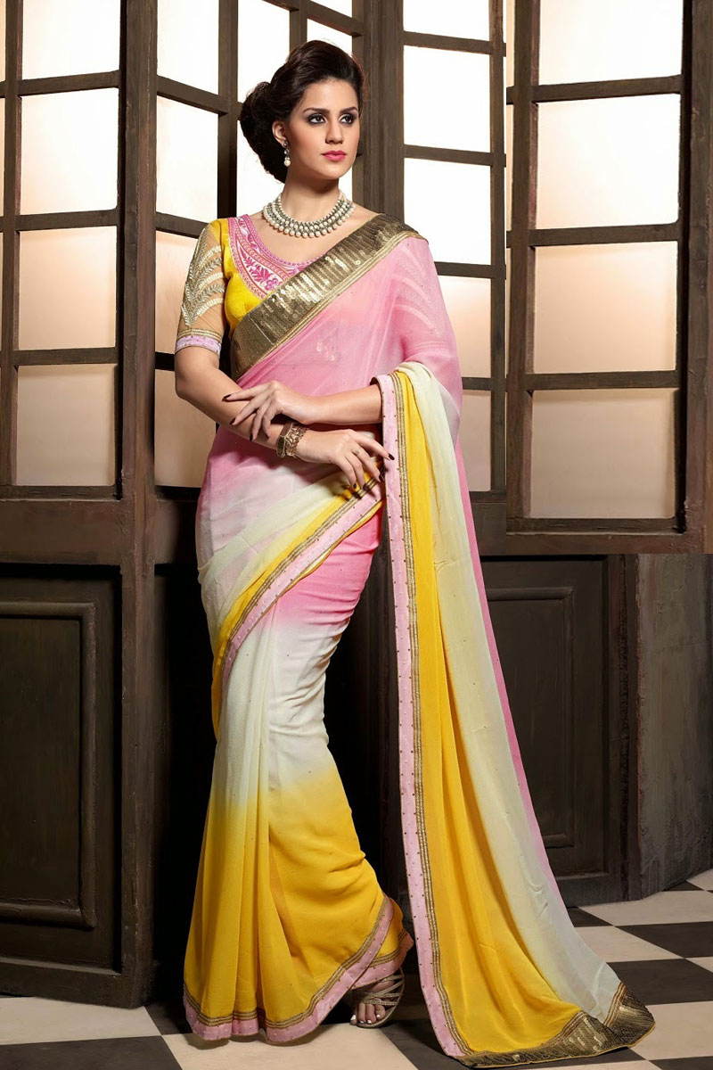 White Yellow Saree with Embroidered Yellow Art Silk Blouse
