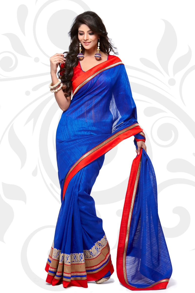 Blue Manipuri Silk Saree with Red Jacquard Blouse