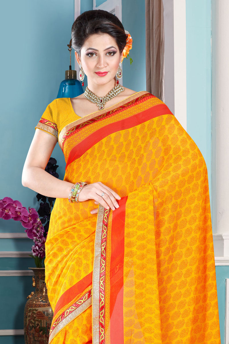 Saree World, Saree Falls Buy Online, Orange Yellow Georgette Saree