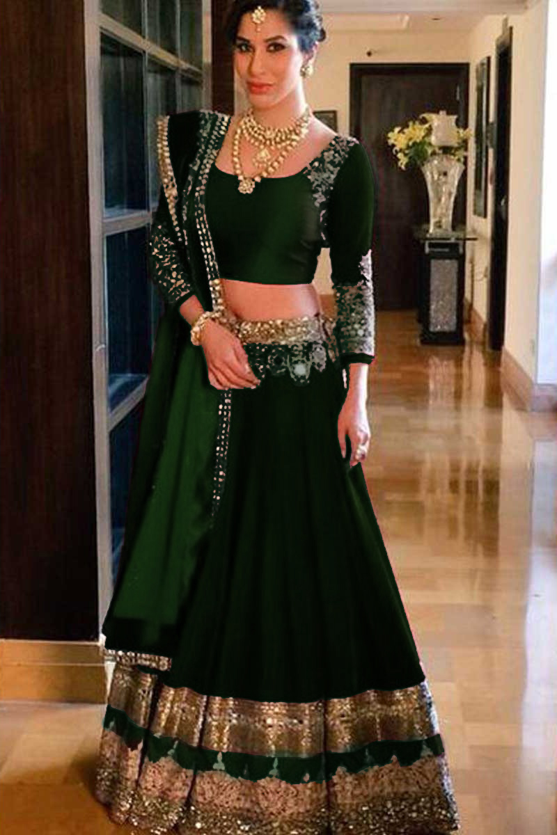 Dark Green Velvet Lehenga With Velvet Choli