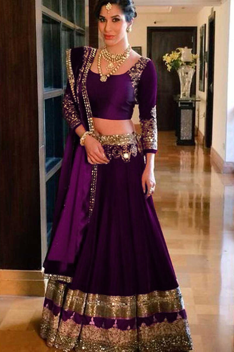 Dark Purple Velvet Lehenga With Velvet Choli