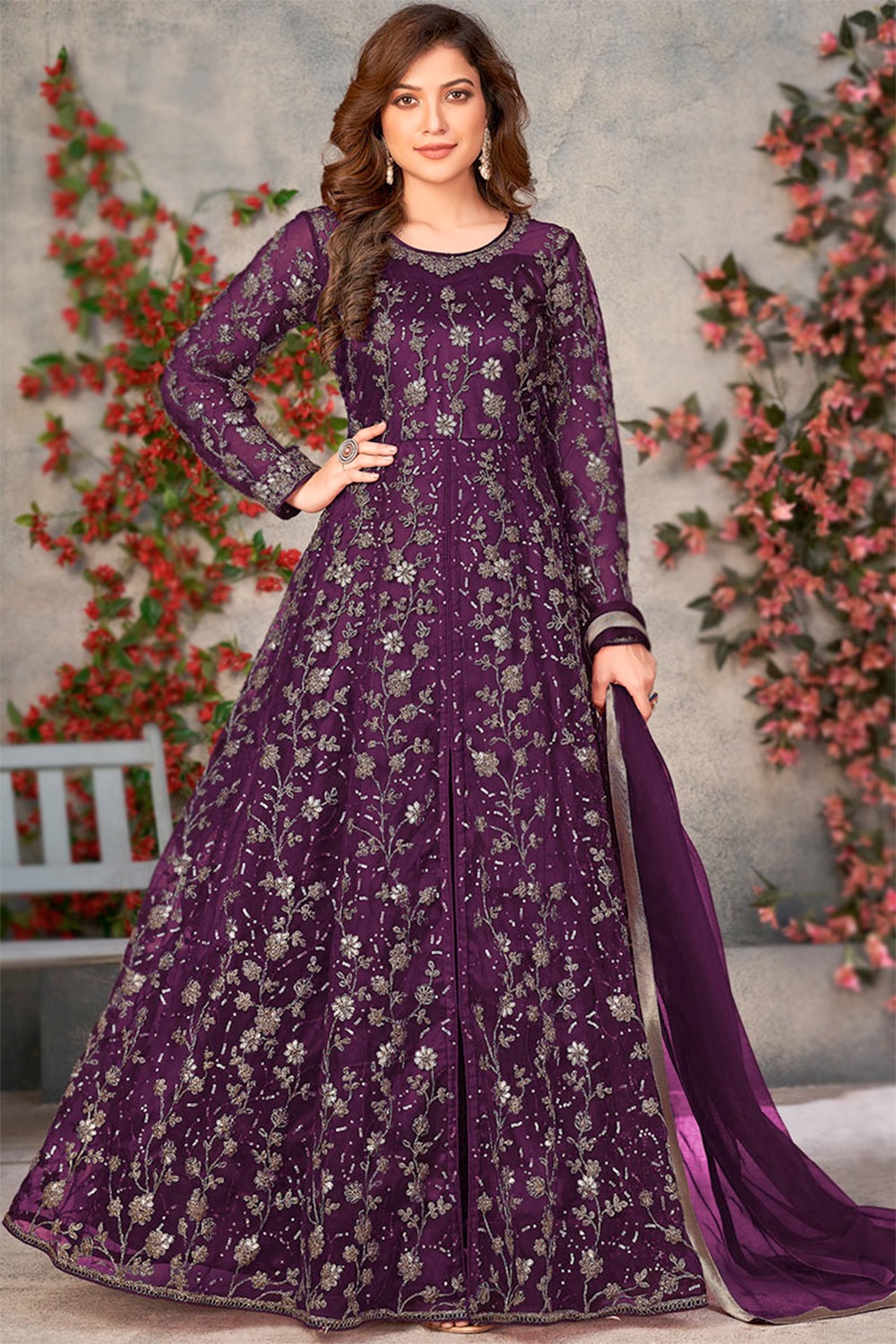 Dori Embroidered Dark Purple Net Anarkali Suit LSTV127215