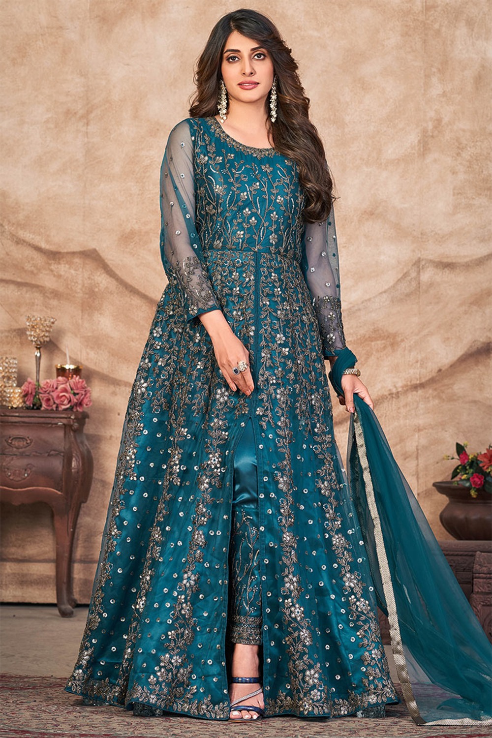 Dori Embroidered Peacock Blue Front Slit Anarkali Suit LSTV124515