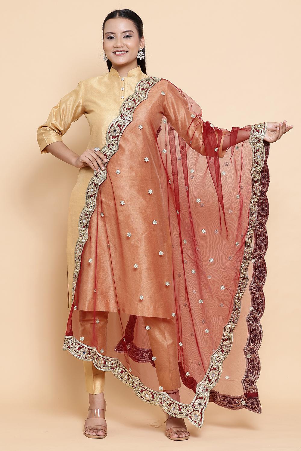 Deep Red Net Mirror Embroidered Dupatta