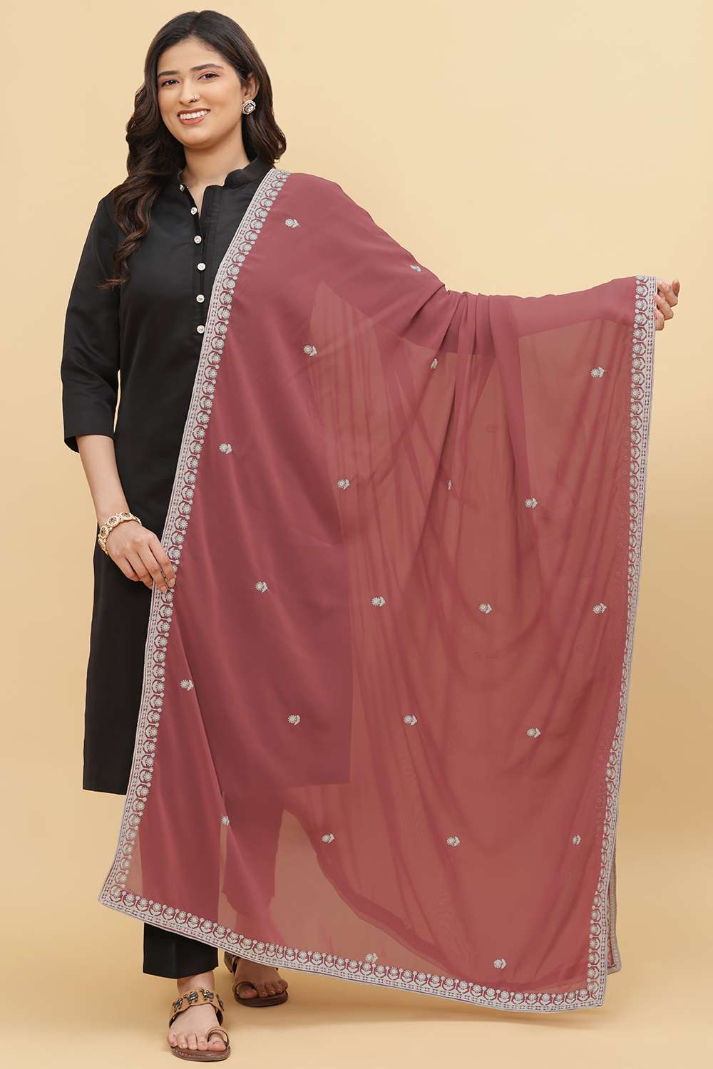 Brick Red Embroidered Dupatta for Festive Wear