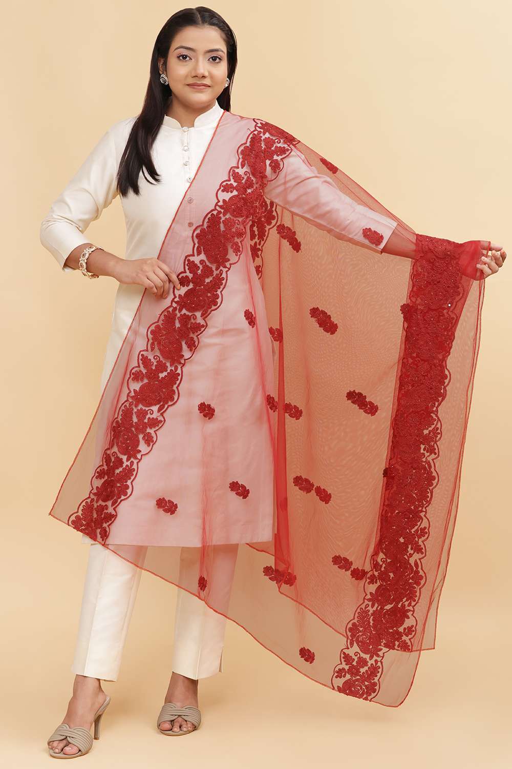Cherry Red Embroidered Net Dupatta for Wedding Guest Wear