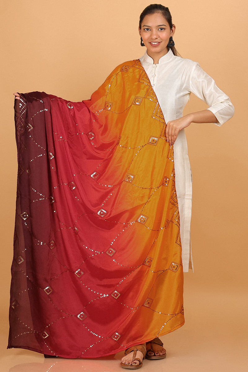 Light orange embroidered 2024 crepe silk dupatta / Vegan Silk / Free Shipping in US