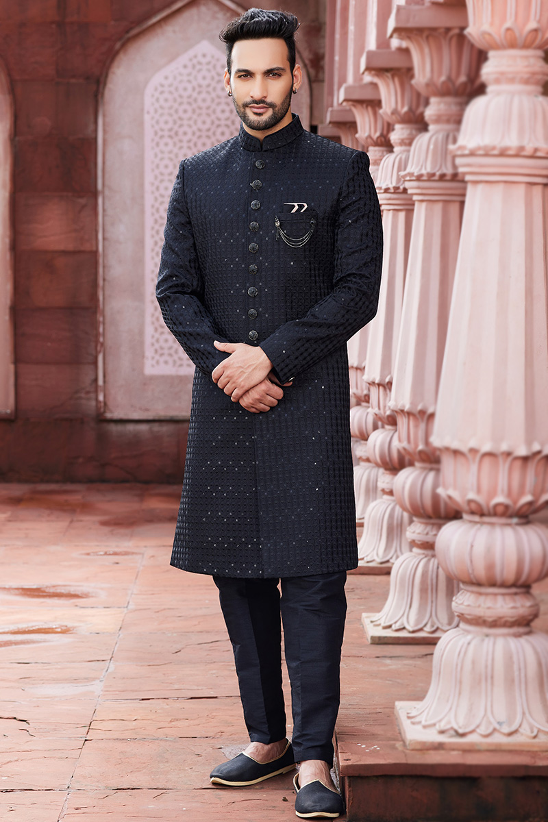 Dupion Silk Embroidered Black Achkan Style Men s Sherwani MSTV03265