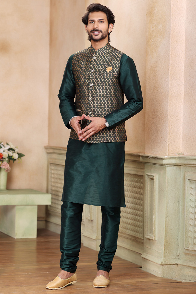 Dupion Silk Forest Green Jacket Style Men's Kurta Pajama