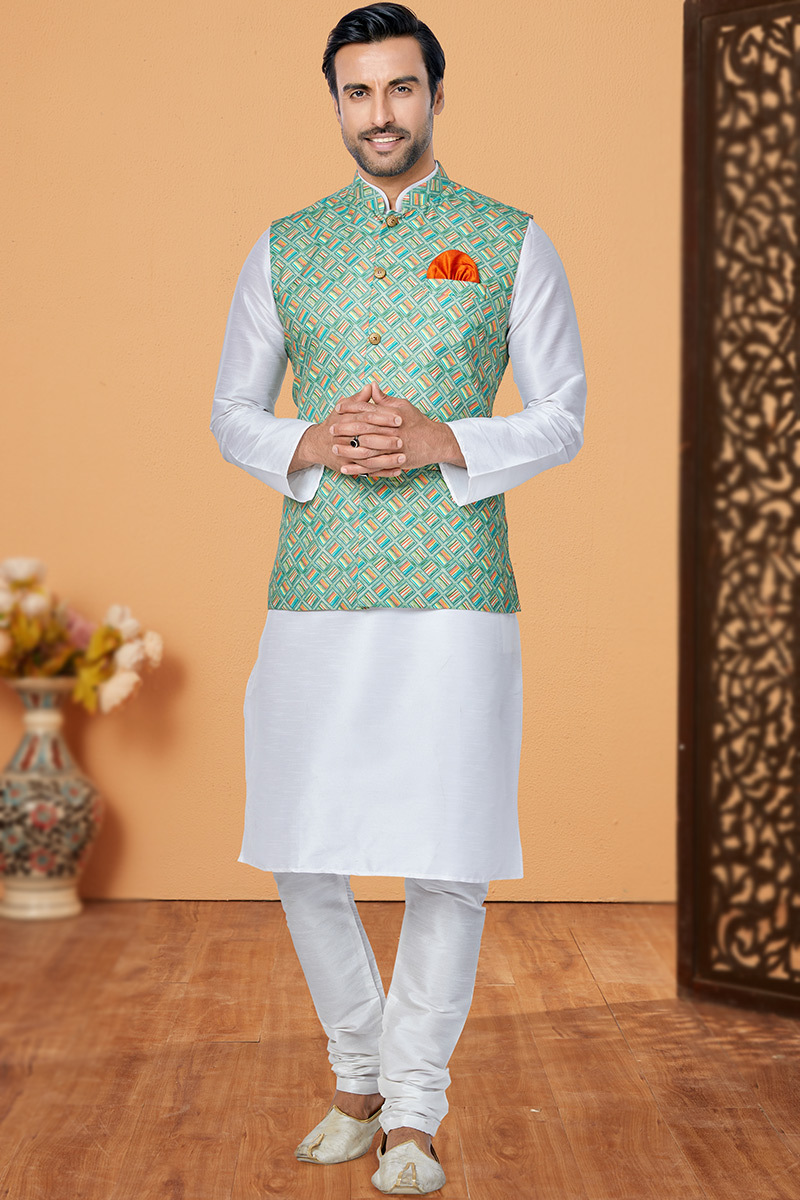 Dupion Silk Men's Kurta Churidar With Mint Blue Printed Waistcoat