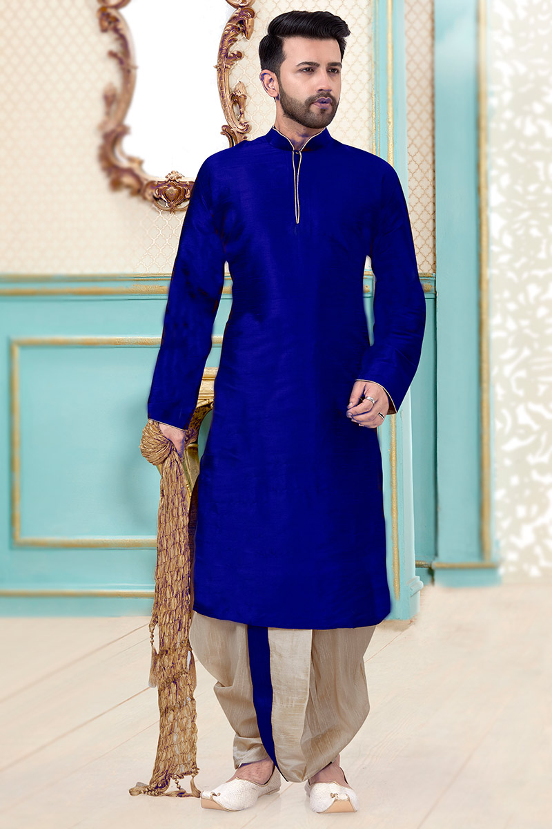 Dupion Silk Royal Blue Men Kurta With Dhoti
